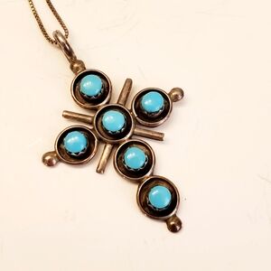 Native AmericanTurquoise Silver Pendant Necklace, 16 Inch Chain, 1.5 Inch Cross
